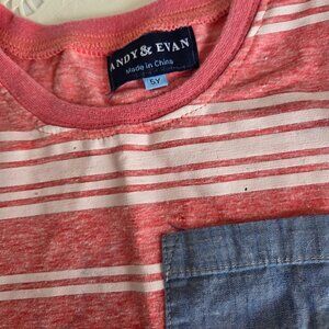 Andy & Evan Boys Pocket Tee Red Striped w/ Denim pocket size 5Y